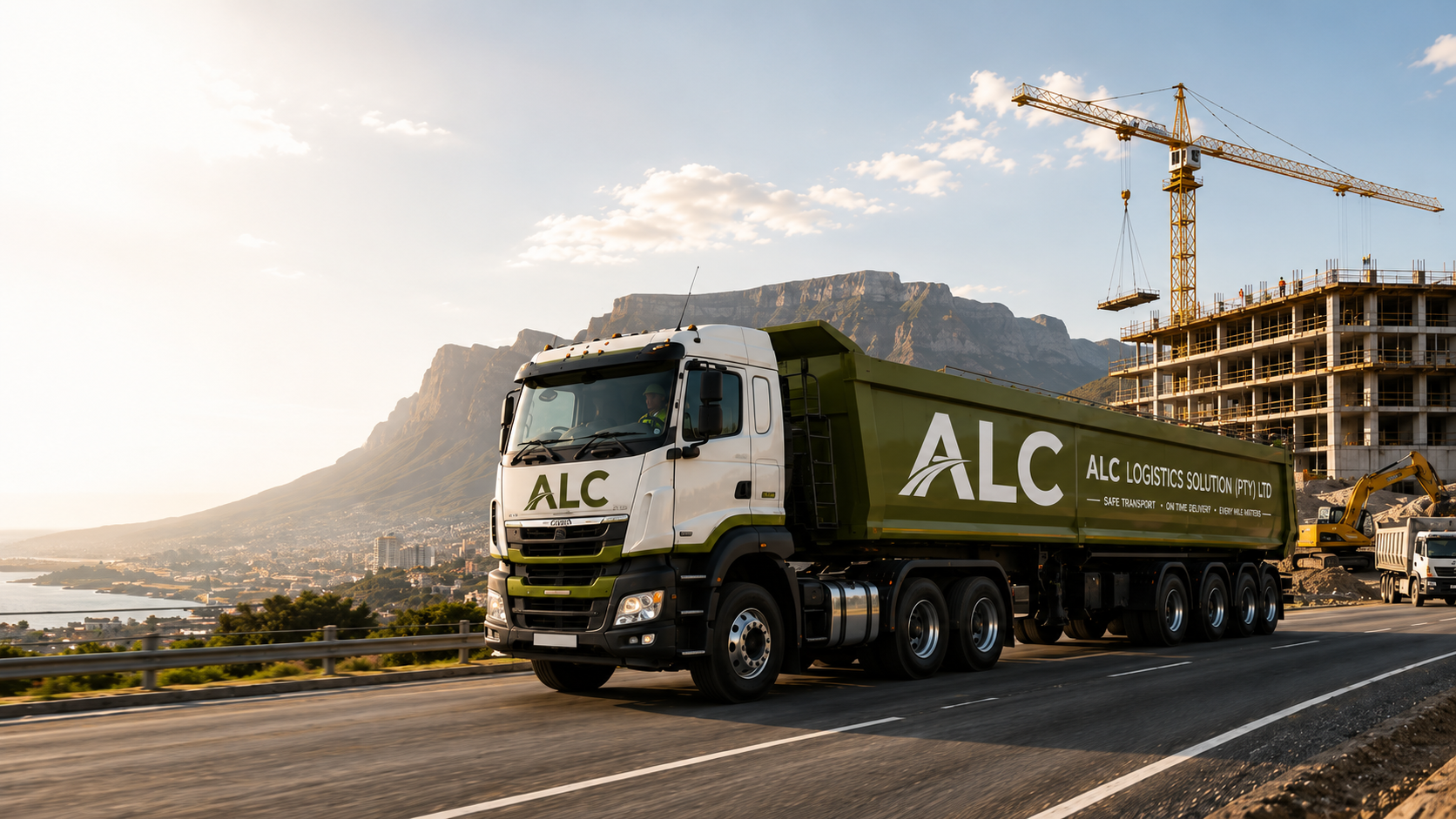 ALC Logistics green tipper truck offloading crusher mix at a construction site.